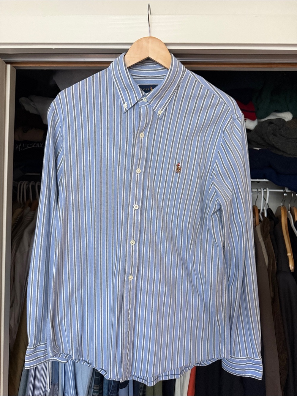 Ralph Lauren Knit Oxford Blue, White & Navy Striped Button-Down Shirt